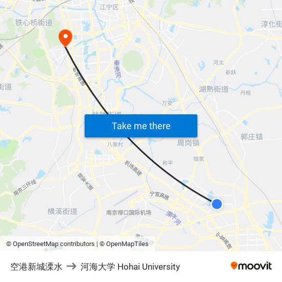 空港新城溧水 to 河海大学 Hohai University map