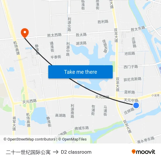 二十一世纪国际公寓 to D2 classroom map