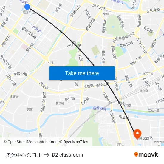 奥体中心东门北 to D2 classroom map