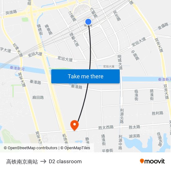 高铁南京南站 to D2 classroom map