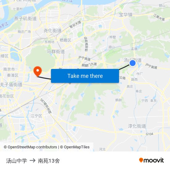 汤山中学 to 南苑13舍 map