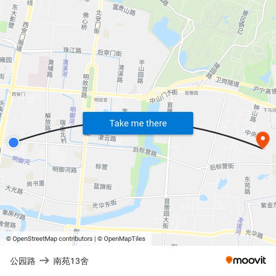 公园路 to 南苑13舍 map