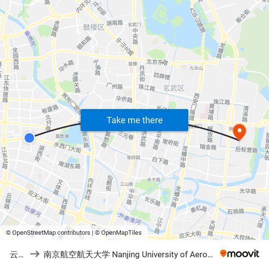云锦路 to 南京航空航天大学 Nanjing University of Aeronautics and Astronautics map