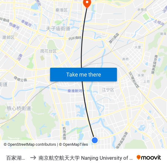 百家湖服务中心 to 南京航空航天大学 Nanjing University of Aeronautics and Astronautics map