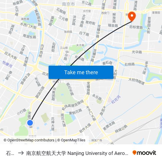 石子岗 to 南京航空航天大学 Nanjing University of Aeronautics and Astronautics map