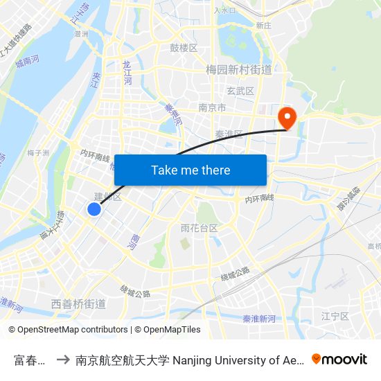 富春江西街 to 南京航空航天大学 Nanjing University of Aeronautics and Astronautics map