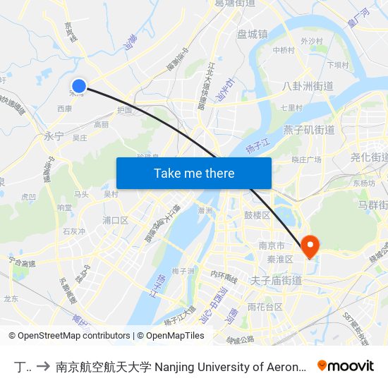 丁湾 to 南京航空航天大学 Nanjing University of Aeronautics and Astronautics map