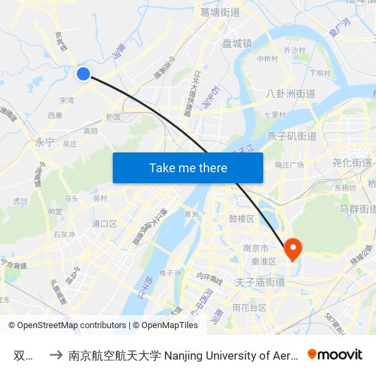 双鱼龙庄 to 南京航空航天大学 Nanjing University of Aeronautics and Astronautics map