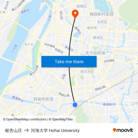银杏山庄 to 河海大学 Hohai University map