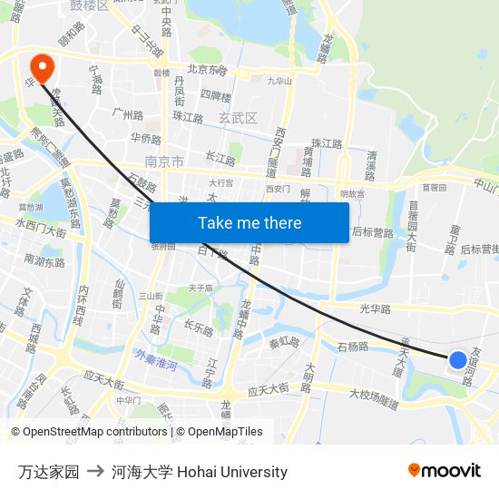 万达家园 to 河海大学 Hohai University map