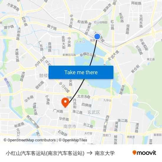 小红山汽车客运站(南京汽车客运站) to 南京大学 map
