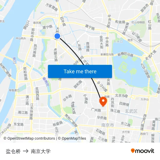 盐仓桥 to 南京大学 map
