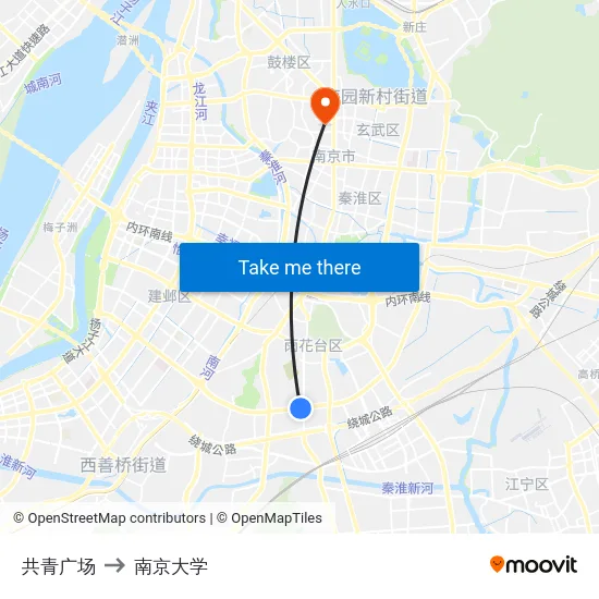 共青广场 to 南京大学 map
