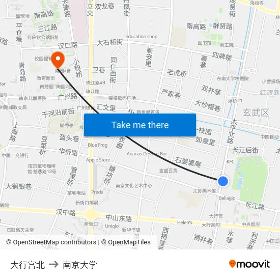 大行宫北 to 南京大学 map