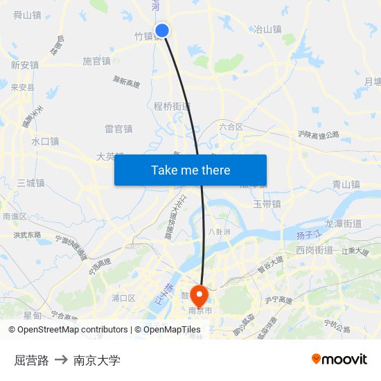 屈营路 to 南京大学 map