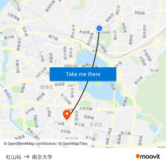 红山站 to 南京大学 map