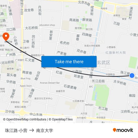 珠江路·小营 to 南京大学 map