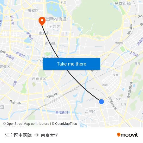 江宁区中医院 to 南京大学 map