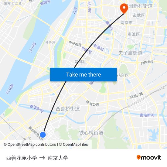 西善花苑小学 to 南京大学 map