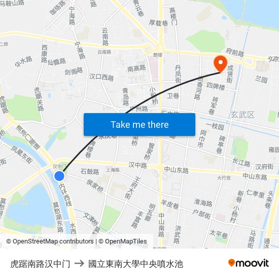 虎踞南路汉中门 to 國立東南大學中央噴水池 map