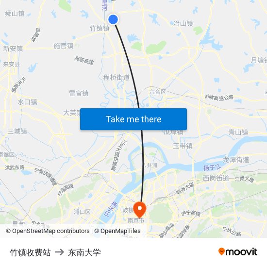 竹镇收费站 to 东南大学 map
