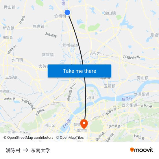 涧陈村 to 东南大学 map