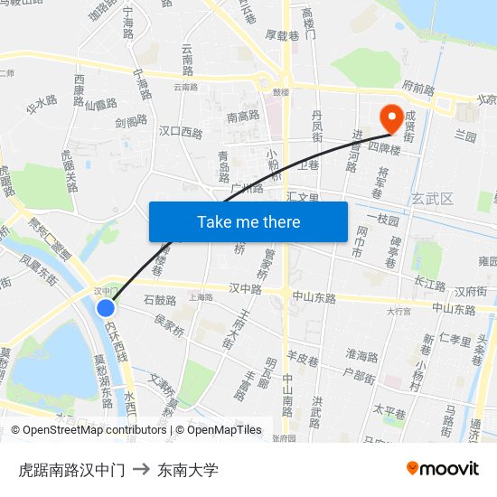 虎踞南路汉中门 to 东南大学 map