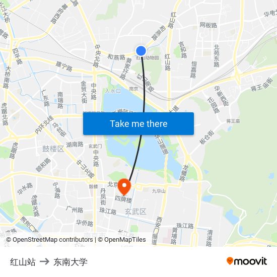 红山站 to 东南大学 map