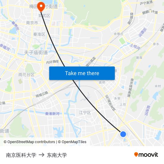 南京医科大学 to 东南大学 map