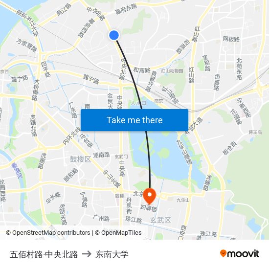 五佰村路·中央北路 to 东南大学 map