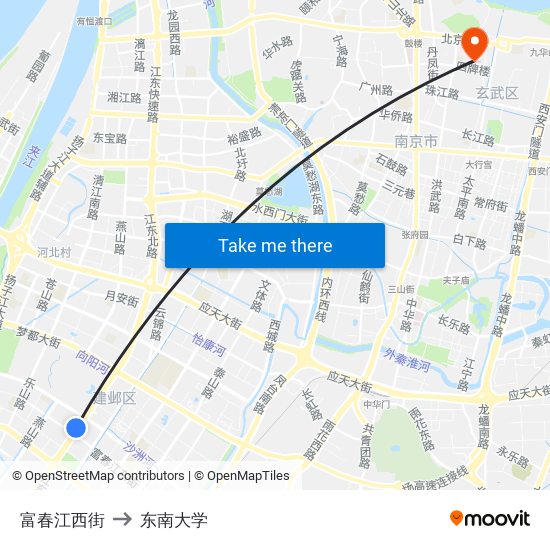 富春江西街 to 东南大学 map