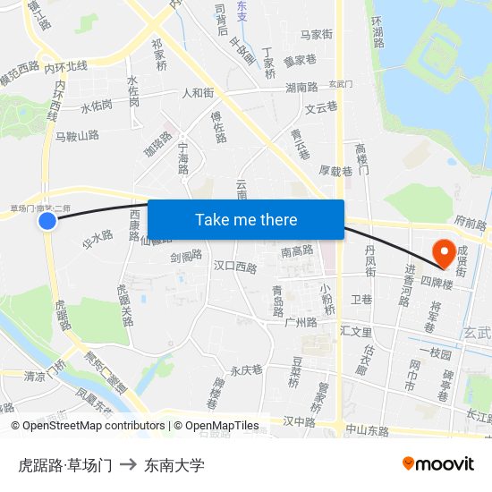 虎踞路·草场门 to 东南大学 map