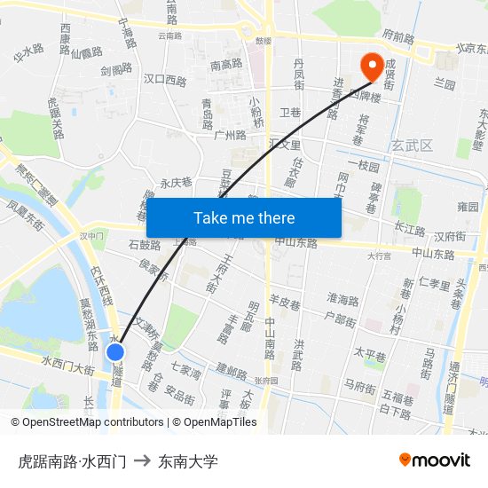 虎踞南路·水西门 to 东南大学 map