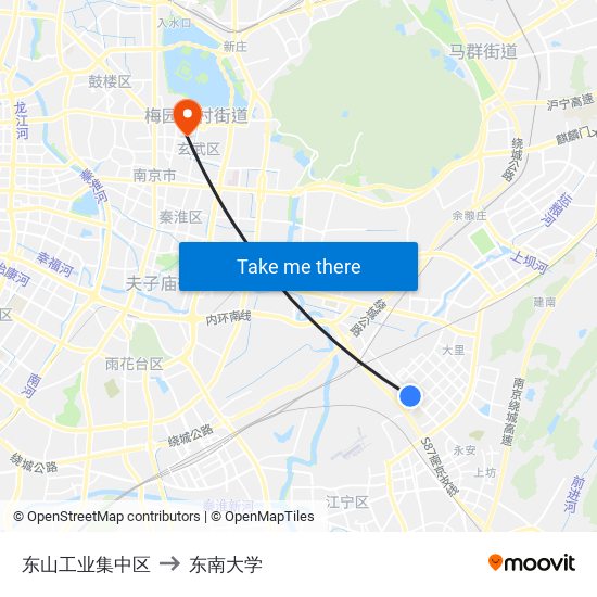 东山工业集中区 to 东南大学 map