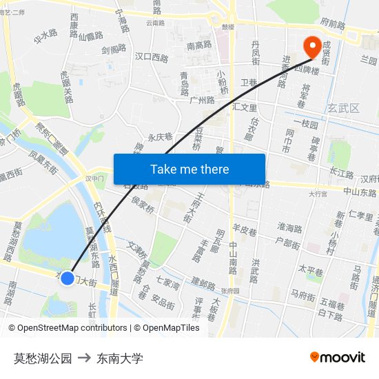 莫愁湖公园 to 东南大学 map