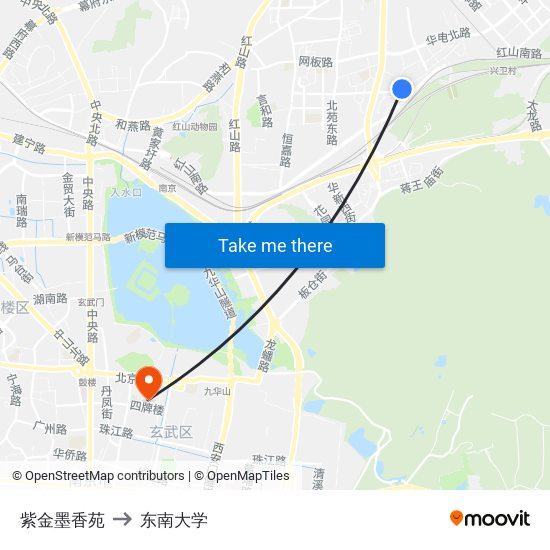 紫金墨香苑 to 东南大学 map