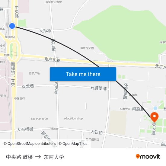 中央路·鼓楼 to 东南大学 map