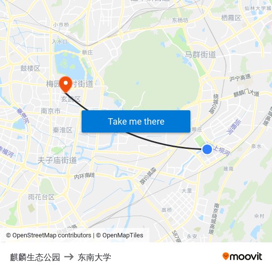 麒麟生态公园 to 东南大学 map