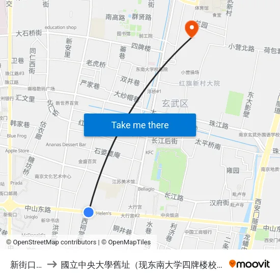 新街口东 to 國立中央大學舊址（现东南大学四牌楼校区） map