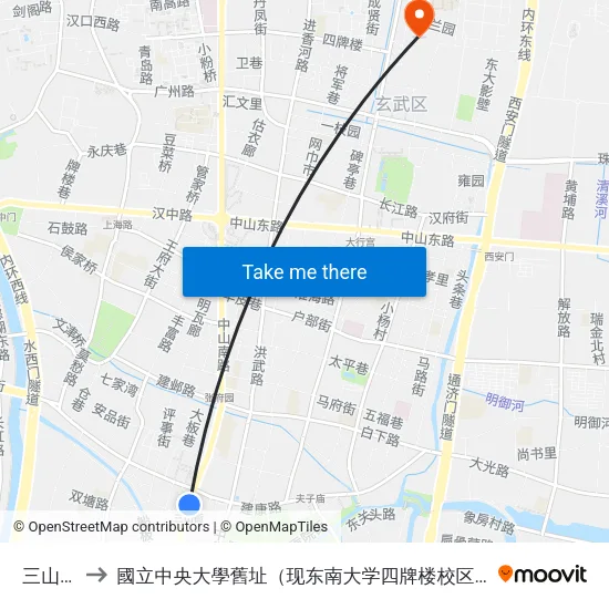 三山街 to 國立中央大學舊址（现东南大学四牌楼校区） map