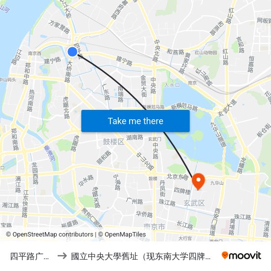 四平路广场北 to 國立中央大學舊址（现东南大学四牌楼校区） map