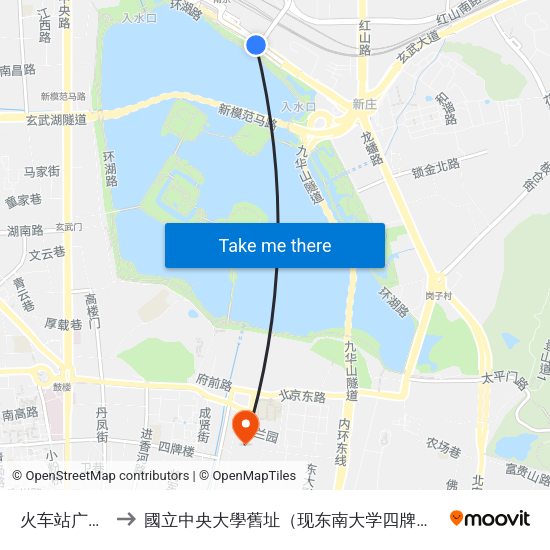 火车站广场东 to 國立中央大學舊址（现东南大学四牌楼校区） map
