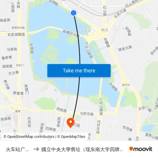 火车站广场东 to 國立中央大學舊址（现东南大学四牌楼校区） map