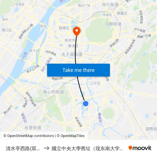 清水亭西路(双龙大道) to 國立中央大學舊址（现东南大学四牌楼校区） map