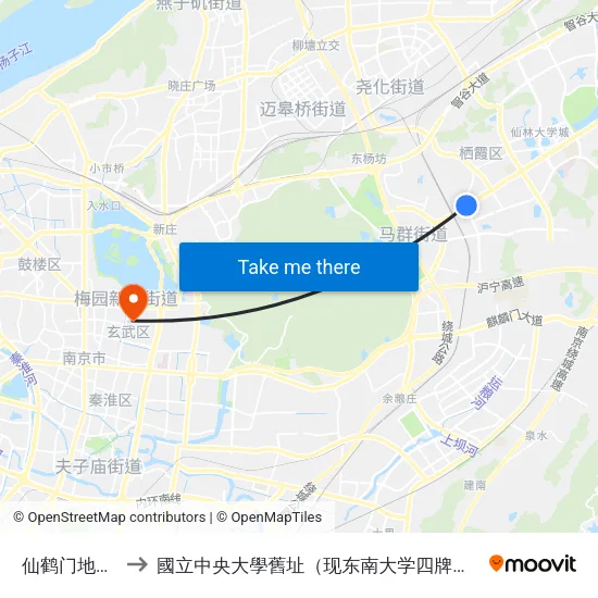 仙鹤门地铁站 to 國立中央大學舊址（现东南大学四牌楼校区） map