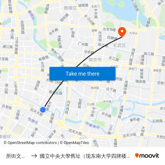 所街文体路 to 國立中央大學舊址（现东南大学四牌楼校区） map