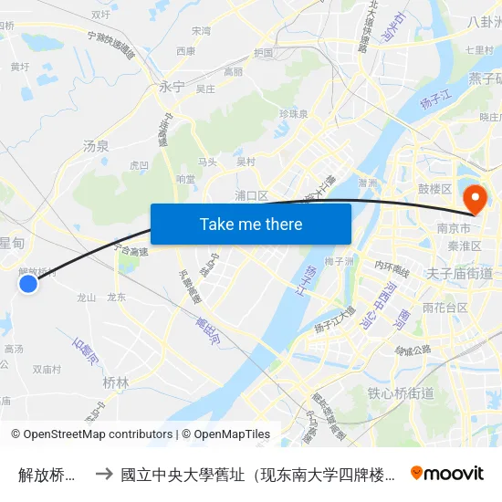 解放桥社区 to 國立中央大學舊址（现东南大学四牌楼校区） map