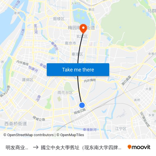 明发商业广场 to 國立中央大學舊址（现东南大学四牌楼校区） map