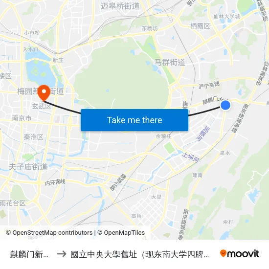 麒麟门新大街 to 國立中央大學舊址（现东南大学四牌楼校区） map
