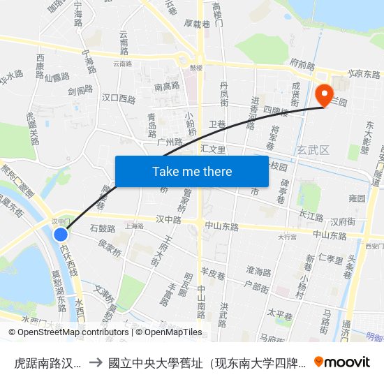 虎踞南路汉中门 to 國立中央大學舊址（现东南大学四牌楼校区） map